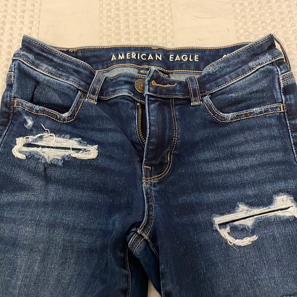 dark wash skinny distressed patch american eagle jeans
